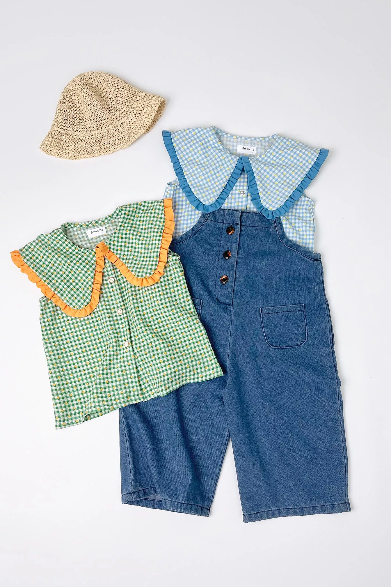 大W領片背心襯衫+牛仔吊帶