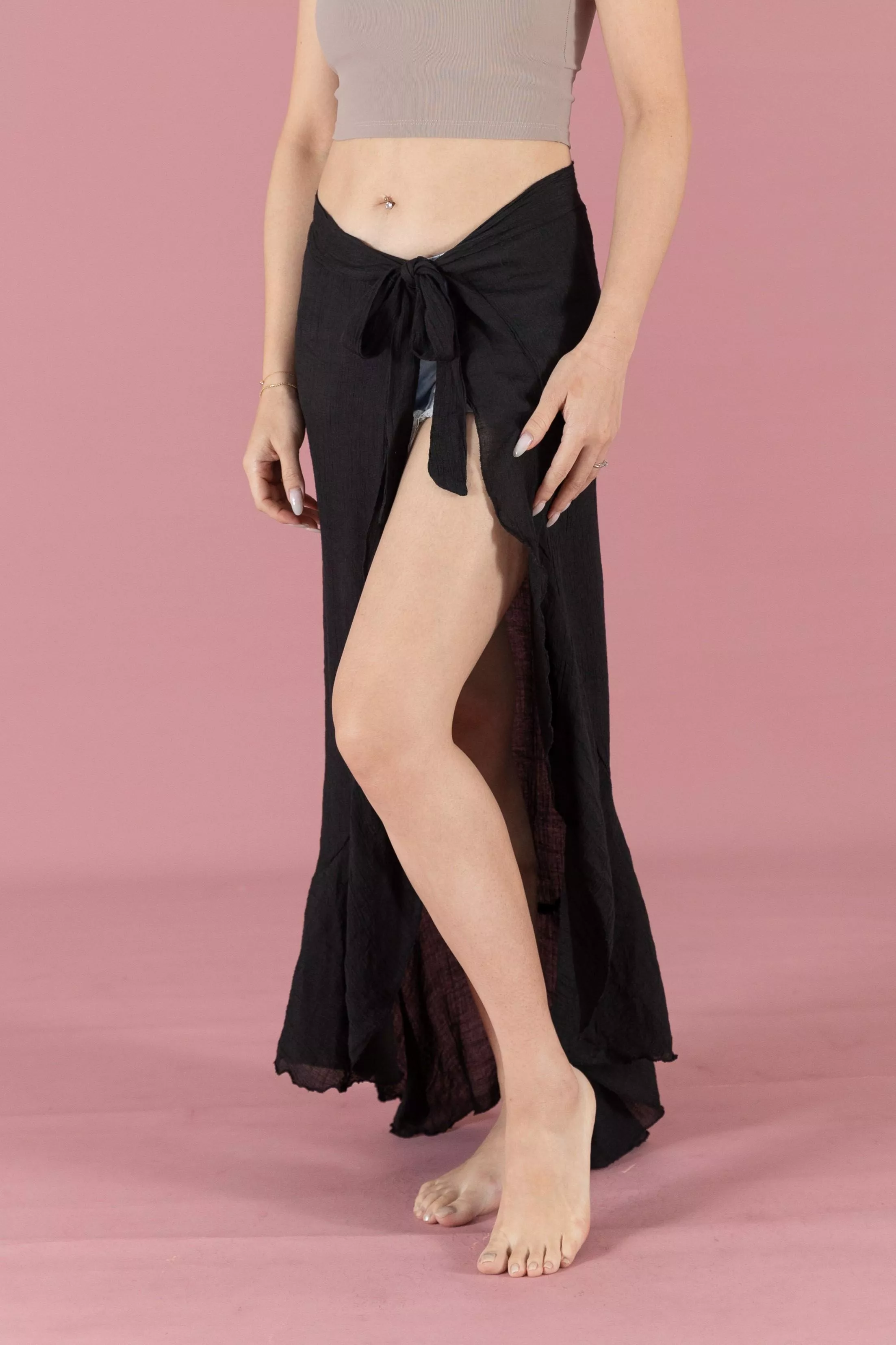 綁帶防曬海灘長裙-黑