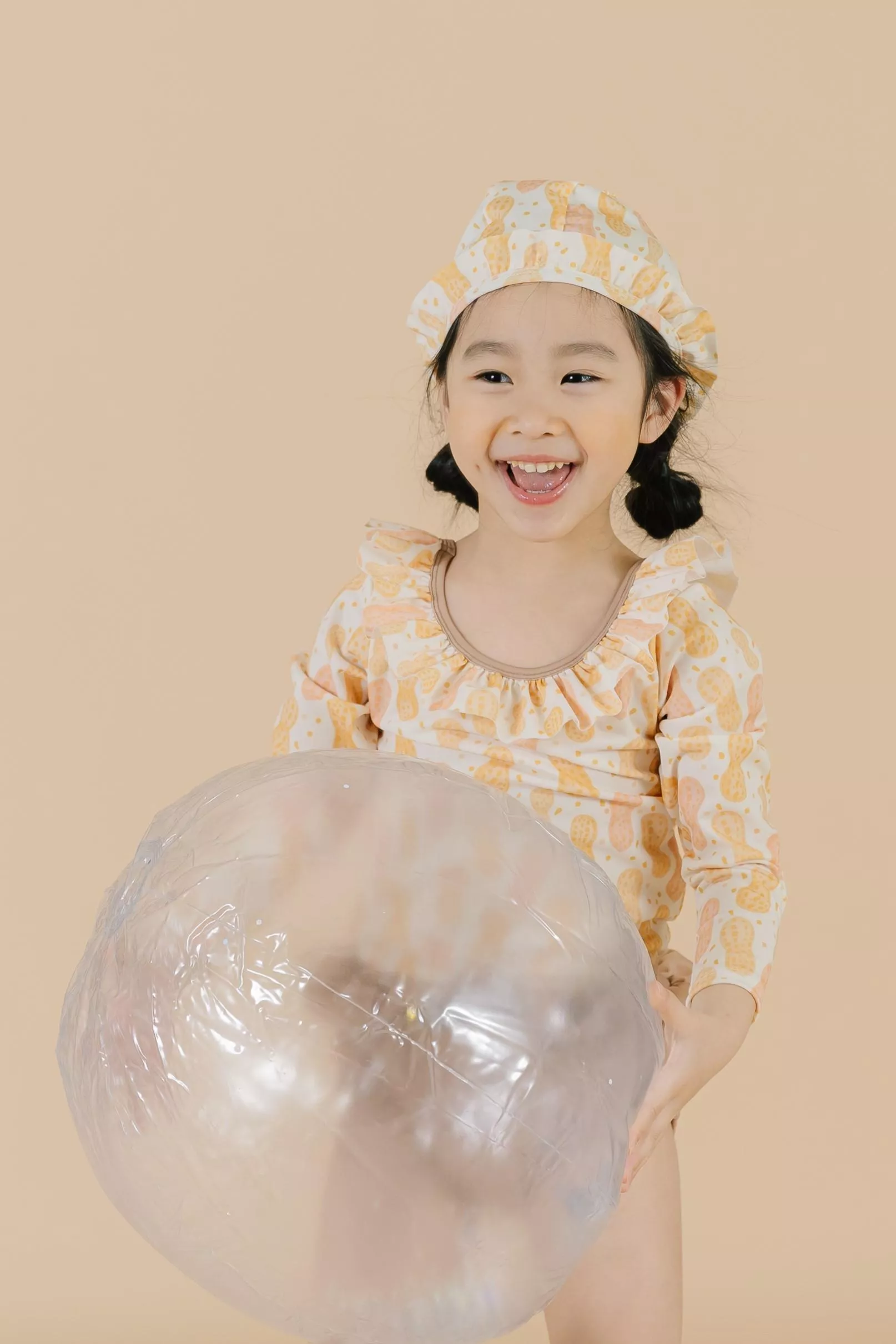 波浪領防曬長袖泳衣-花生/奶茶