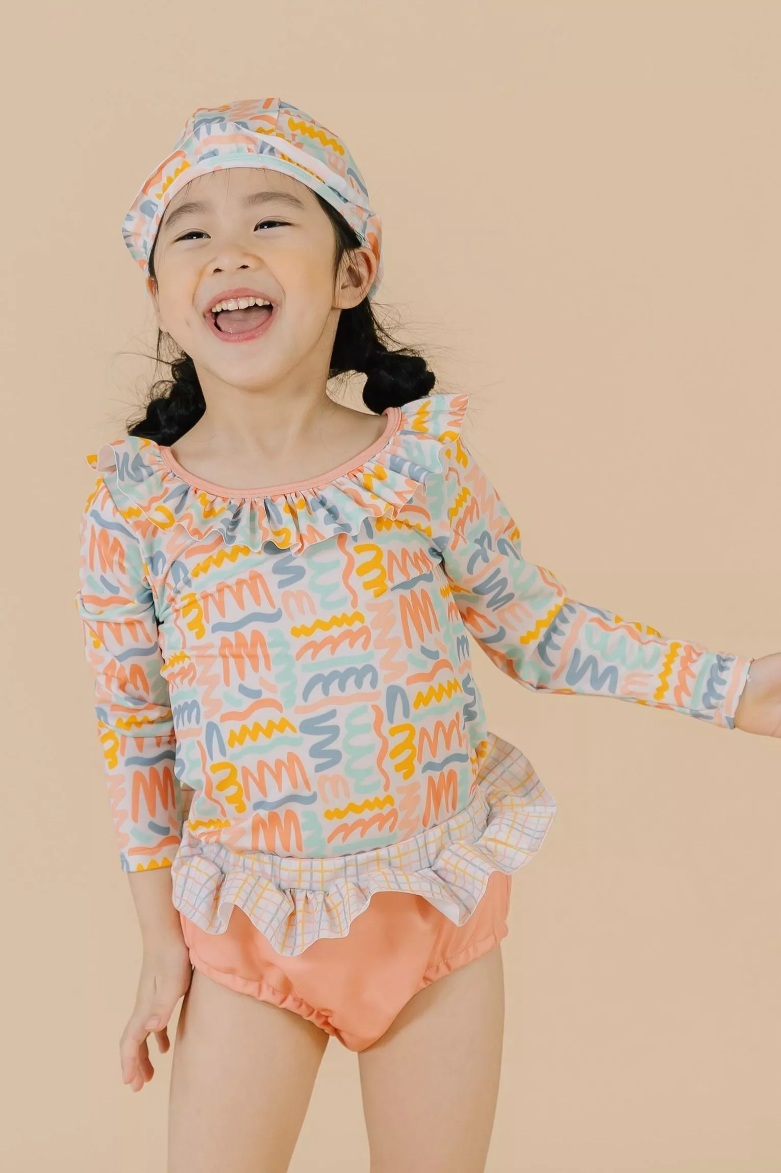 波浪領防曬長袖泳衣-彩帶/橘