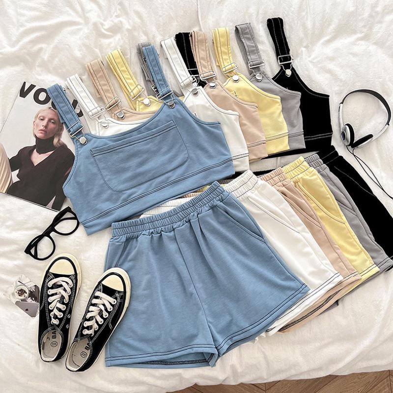 春夏女裝新款韓版INS韓系女裝 女裝套裝 短褲套裝 吊帶上衣 棉短褲 休閒套裝 背心