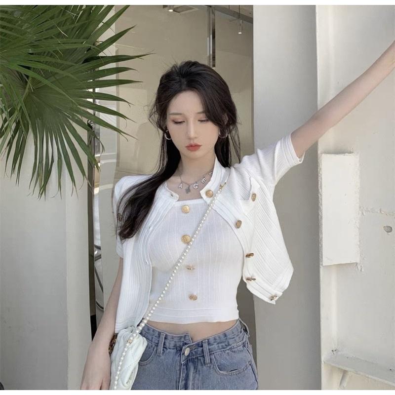 春夏女裝新款韓版INS韓系女裝 小香風 套裝 2件式套裝 針織外套 吊帶背心 薄外套