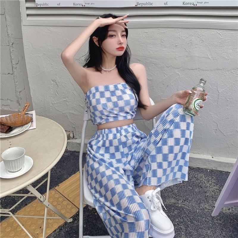 春夏女裝新款韓版INS韓系女裝 套裝 長褲套裝 海邊 渡假風 裹胸背心 闊腿褲 顯瘦長褲
