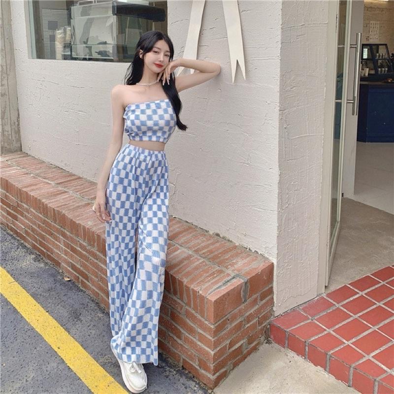 春夏女裝新款韓版INS韓系女裝 套裝 長褲套裝 海邊 渡假風 裹胸背心 闊腿褲 顯瘦長褲