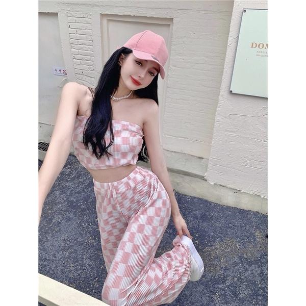 春夏女裝新款韓版INS韓系女裝 套裝 長褲套裝 海邊 渡假風 裹胸背心 闊腿褲 顯瘦長褲