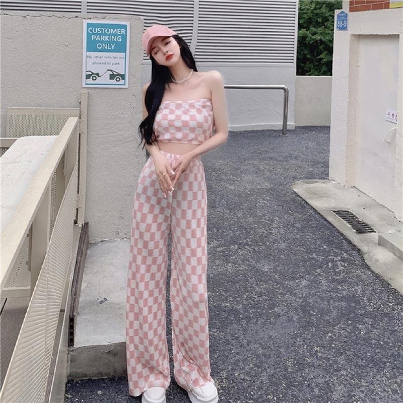春夏女裝新款韓版INS韓系女裝 套裝 長褲套裝 海邊 渡假風 裹胸背心 闊腿褲 顯瘦長褲