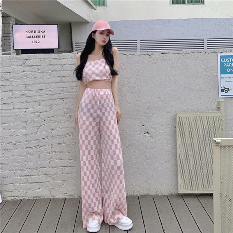 春夏女裝新款韓版INS韓系女裝 套裝 長褲套裝 海邊 渡假風 裹胸背心 闊腿褲 顯瘦長褲