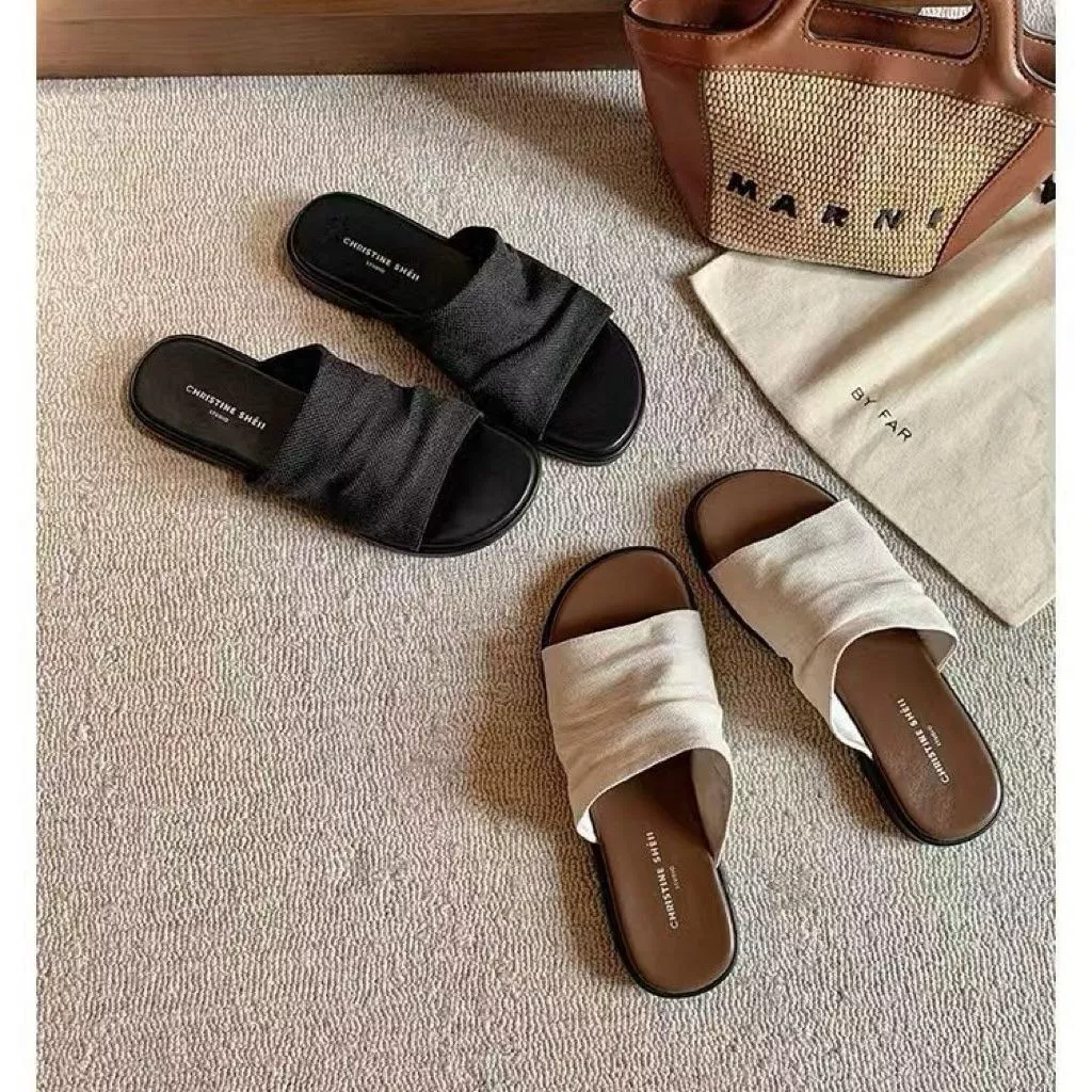 『老皮衣櫥』 曼谷度假感皺感平底拖鞋｜女款夏日外出拖｜柔軟親膚｜海邊 旅行 日常百搭涼拖