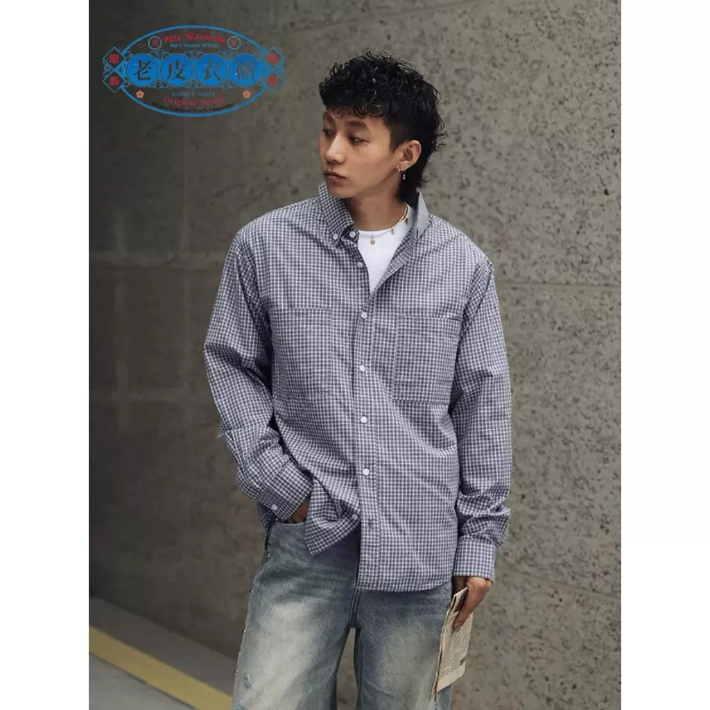『老皮衣櫥』 PS457 日系寬鬆格紋襯衫 男 秋冬長袖 格子外搭 工裝慵懶感 通勤襯衣 MIU系奶咖格紋衫