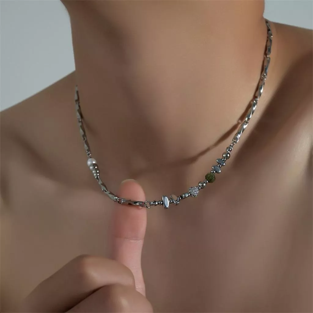 『老皮衣櫥』 【不易褪色】 鈦鋼 冷調設計 拼接 黑膽石 項鍊 男士 潮流 鎖骨鍊 嘻哈街頭風