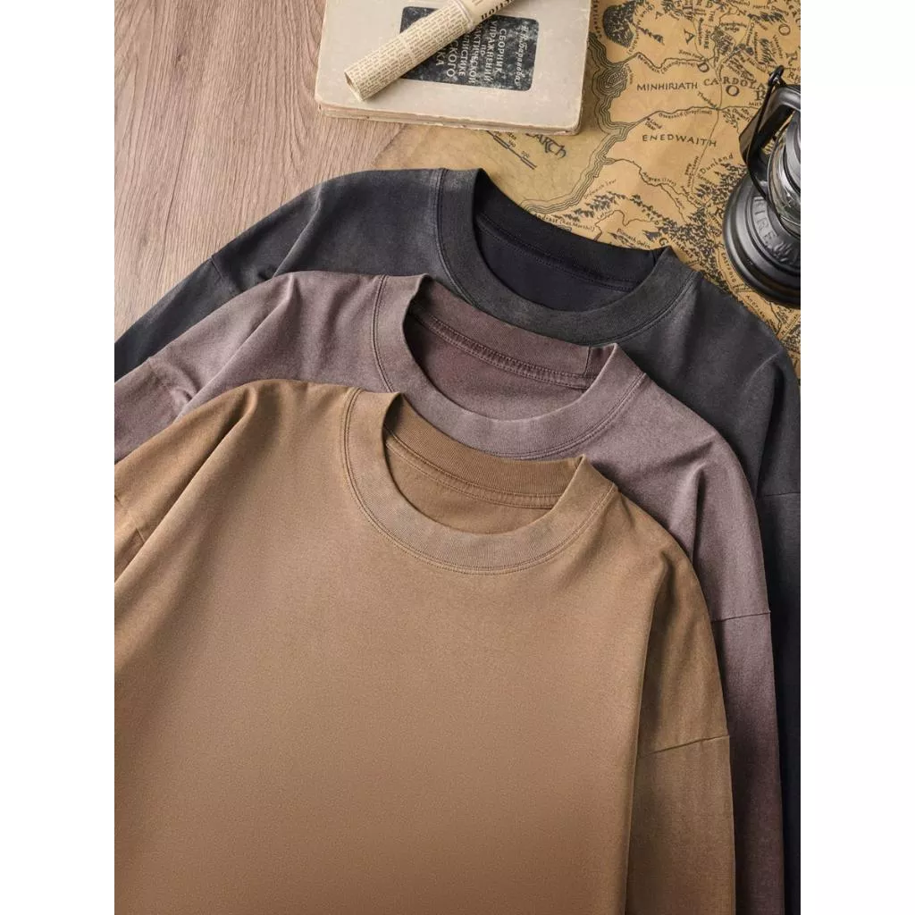 『老皮衣櫥』PS22T純棉復古漸變色圓領長袖T恤 高密螺紋加固 水洗做舊長T 純棉  長袖T恤 純棉長袖水洗T 水洗長袖