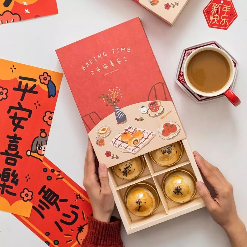6入紅色手繪月餅包裝盒  新年包裝盒