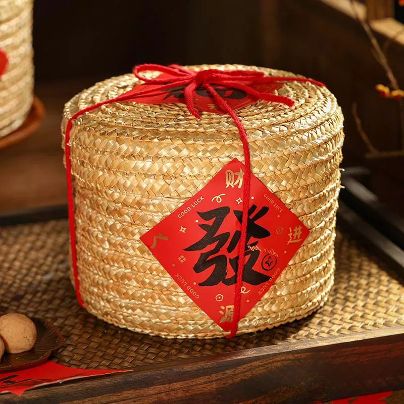 新年抱抱桶 草編籃 圓形編織藍