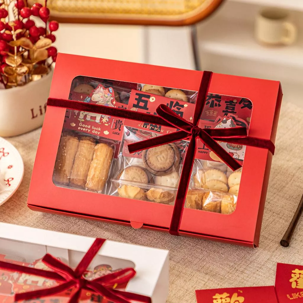 [JS文創] 開窗餅乾盒 甜點包裝盒 新年包裝盒 開窗盒 烘焙包裝盒 新年包裝盒 紅色餅乾盒 翻蓋包裝盒