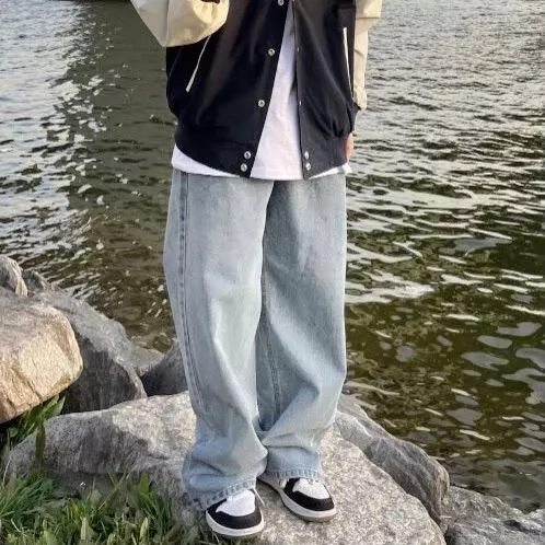 水洗落地打摺落地牛仔褲