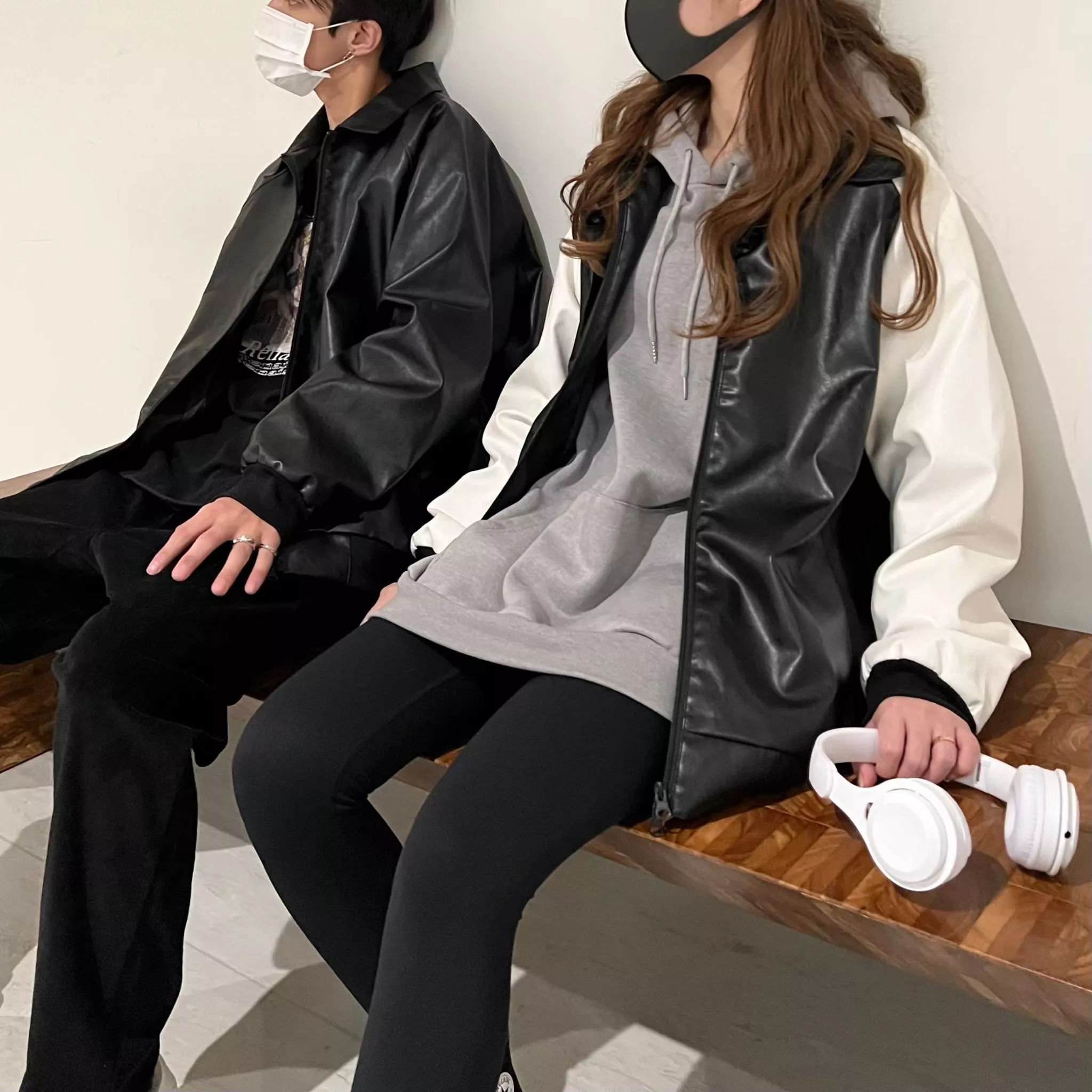 翻領撞色皮外套