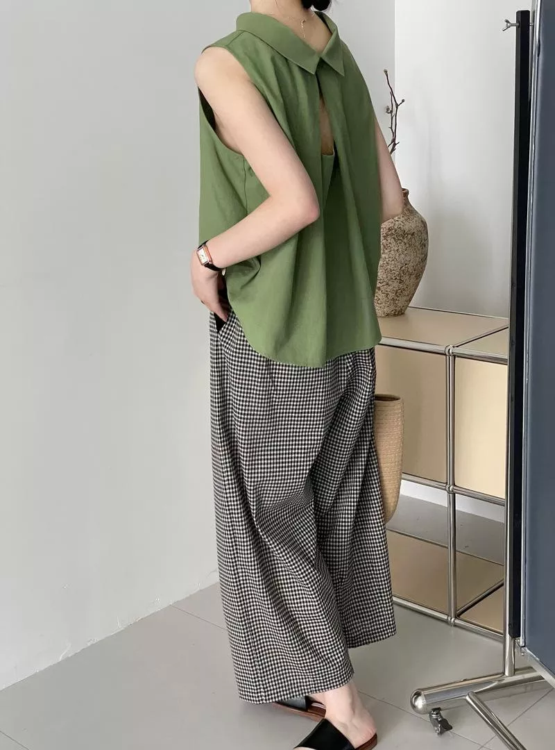 日系格子直筒闊腿褲