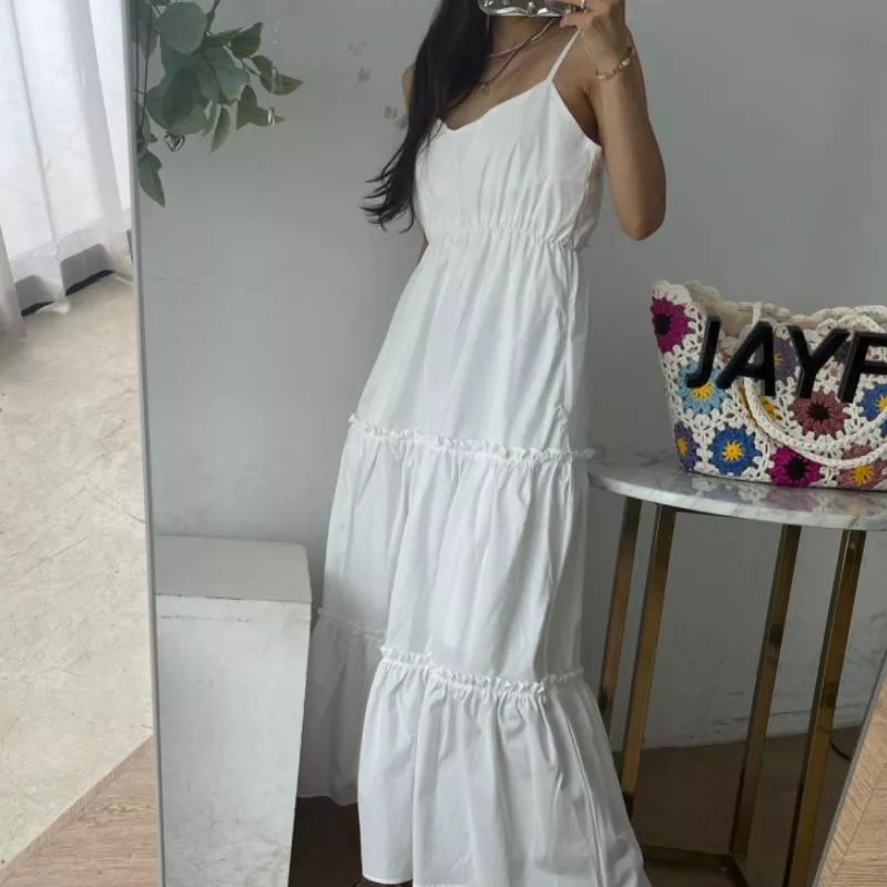 法式褶皺吊帶洋裝