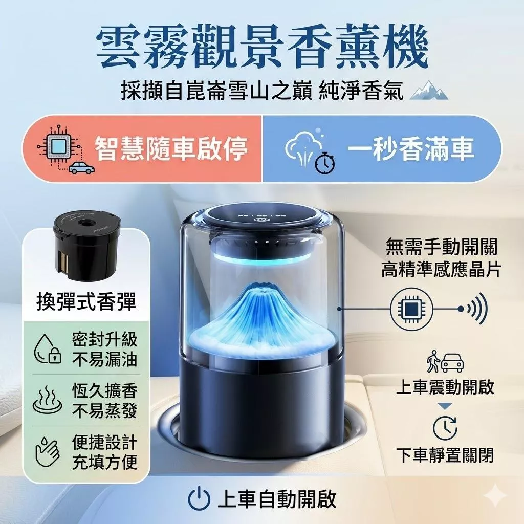 雲霧觀景車用香薰機 鋁合金車用香氛 智慧隨車啟停 換彈除異味