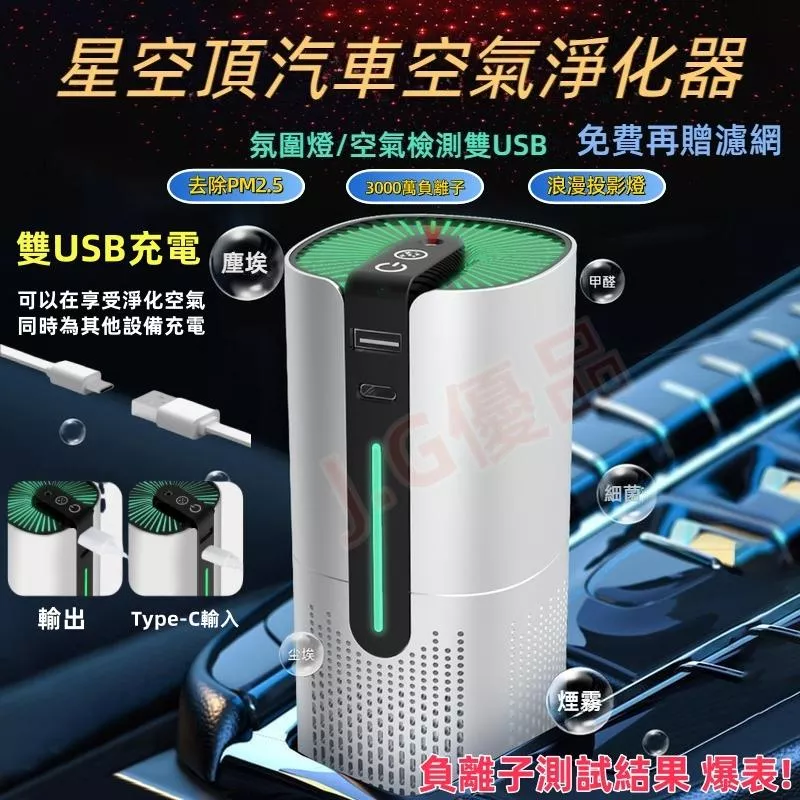 星空投影汽車空氣清淨機 JG優品 3000萬負離子除味PM2.5
