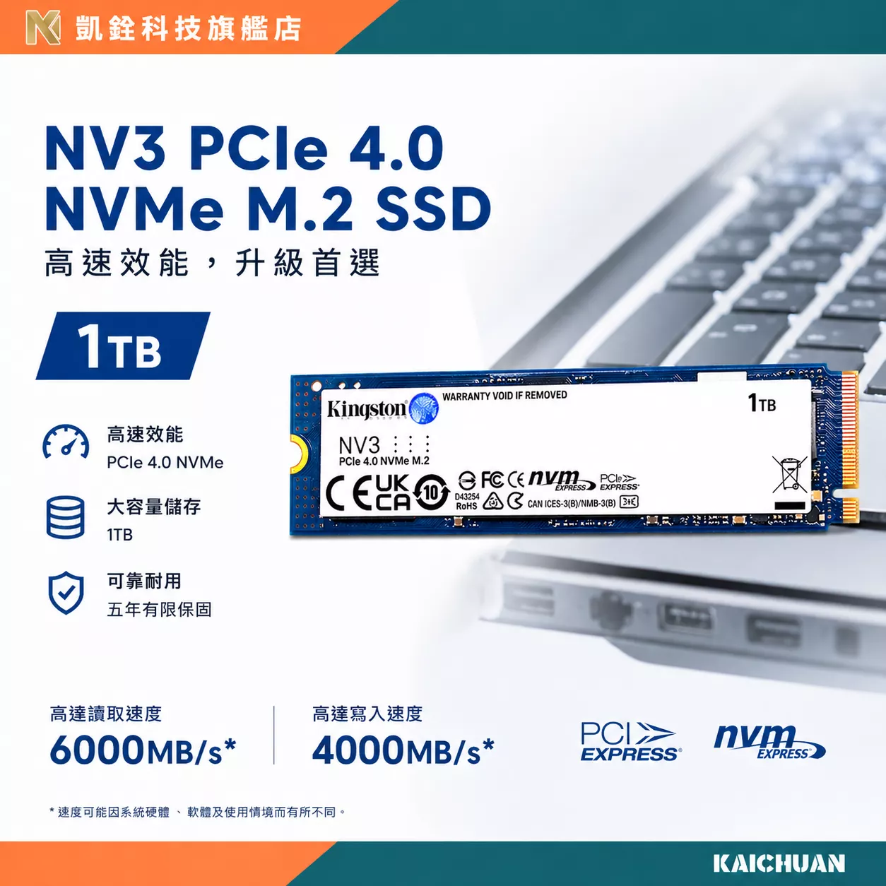 Kingston 金士頓NV3 1TB Gen4 PCIe SSD 固態硬碟 (SNV3S/1000G)
