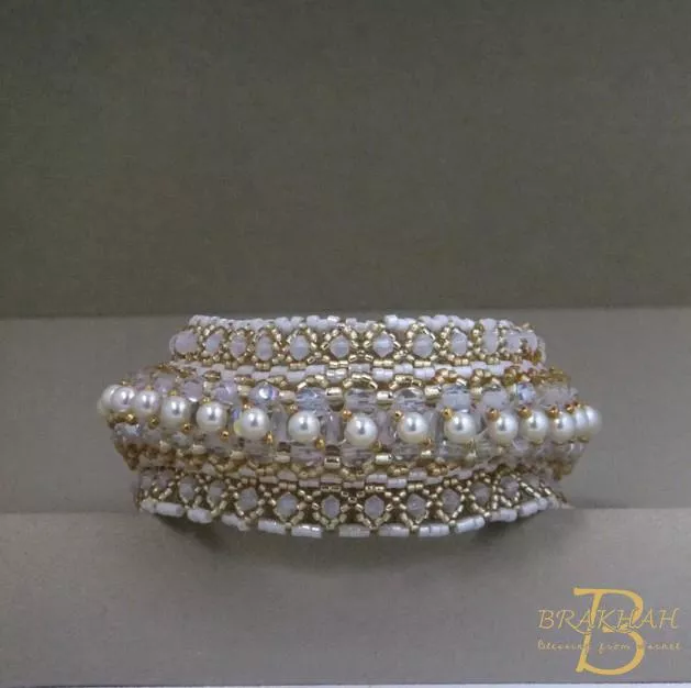 施華洛世奇珍珠和水晶手鍊 白色和金色圓珠手工串珠手鍊 婚禮新娘手鍊--