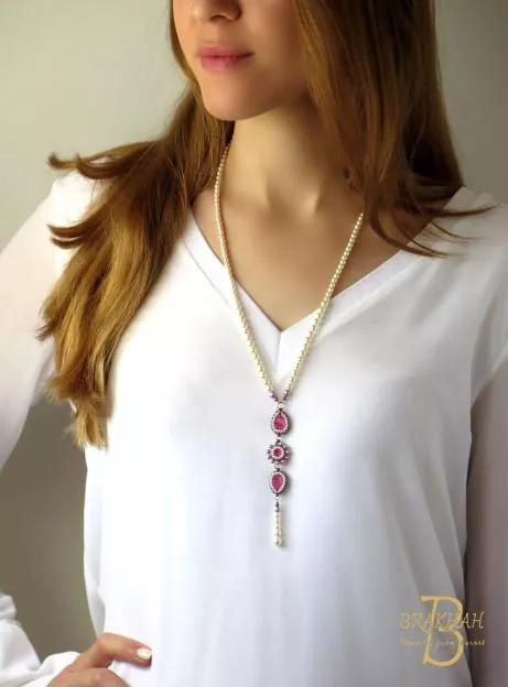 粉紅色和白色的珍珠精緻吊墜項鍊 施華洛世奇水晶精緻吊墜項鍊