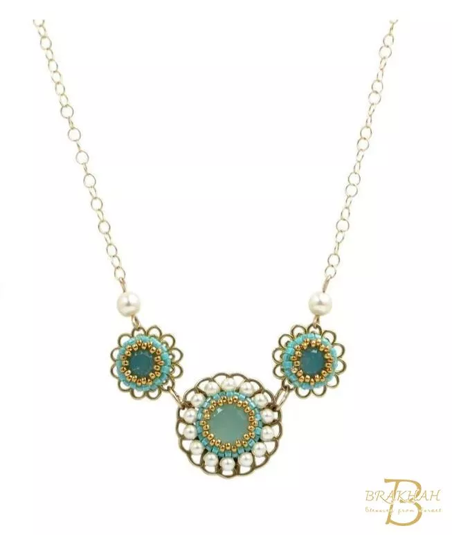 綠松石和珍珠項鍊三圈金項鍊 施華洛世奇水晶和珍珠項鍊 串珠花卉項