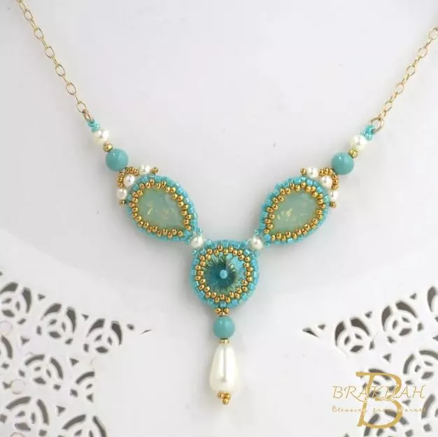 施華洛世奇水晶淚珠項鍊  綠松石和珍珠吊墜項鍊 綠松石婚禮首飾