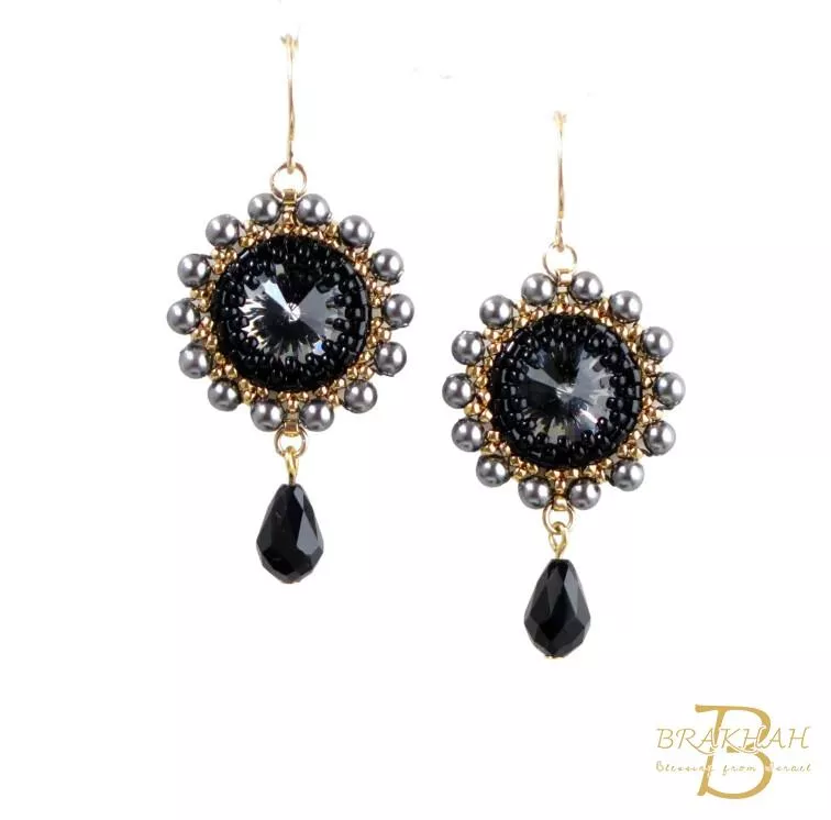 黑色施華洛世奇水晶耳環 手工吊墜串珠耳環