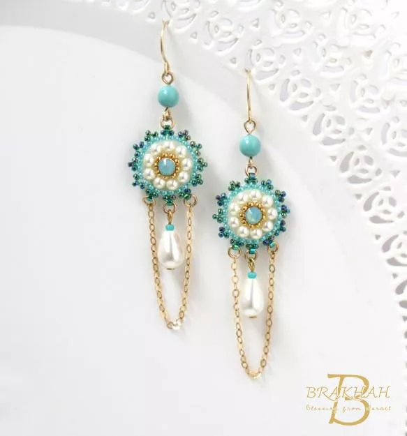 綠松石和珍珠耳環 精緻長耳環 綠松石新娘耳環