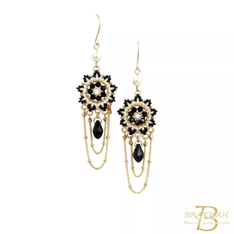 黑-白-金波西米亞風格別緻吊燈耳環 施華洛世奇水晶吊式耳環 長版串珠吊墜耳環