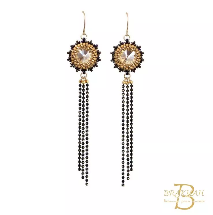 黑色和金色長耳環 個性流蘇耳環 施華洛世奇水晶耳環 金色流蘇耳環 黑色鏈條耳環