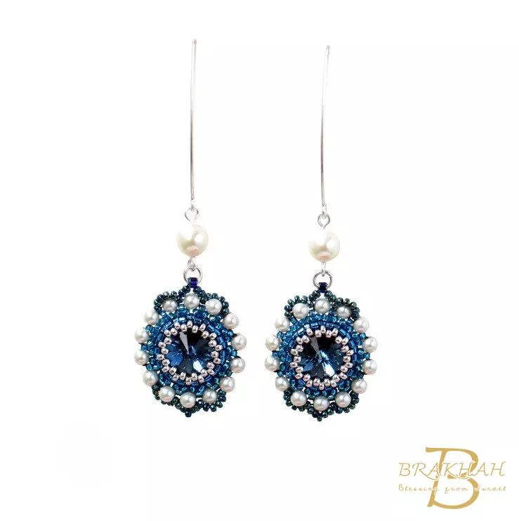 施華洛世奇水晶與珍珠長吊墜串珠耳環女式 藍銀耳環