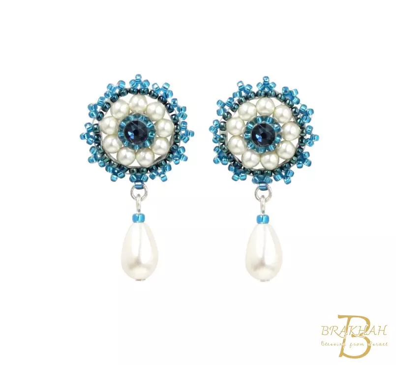 施華洛世奇水滴珍珠銀耳環 藍色和白色首飾 藍色婚禮耳環 母親創意禮物