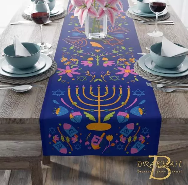 藍色光明節大燭台餐桌巾 光明節裝飾 桌巾 光明節禮物  猶太禮物 以色列禮物