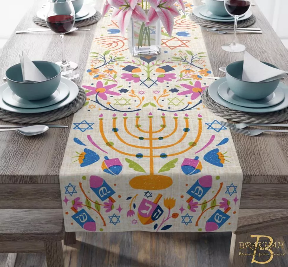 米白色光明節大燭台餐桌巾 光明節裝飾 桌巾 光明節禮物  猶太禮物 以色列禮物​​