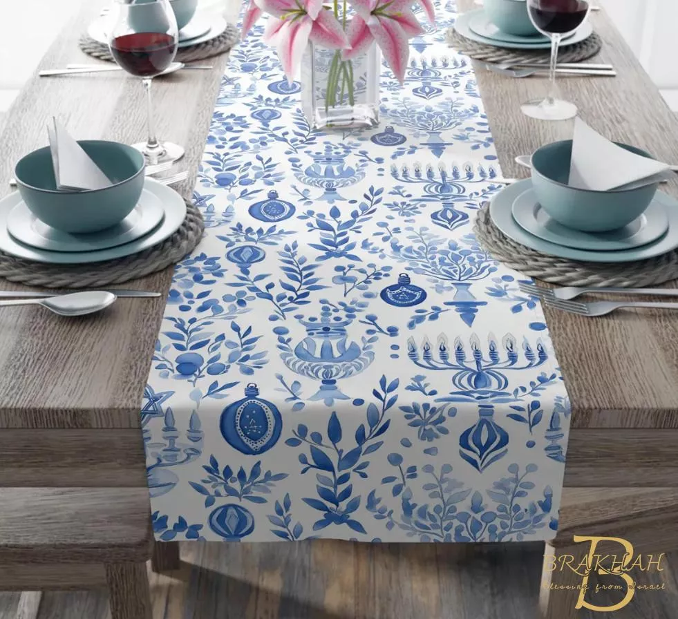 石榴燭台橄欖枝光明節餐桌巾 光明節裝飾 桌巾 光明節禮物  猶太禮物 以色列禮物