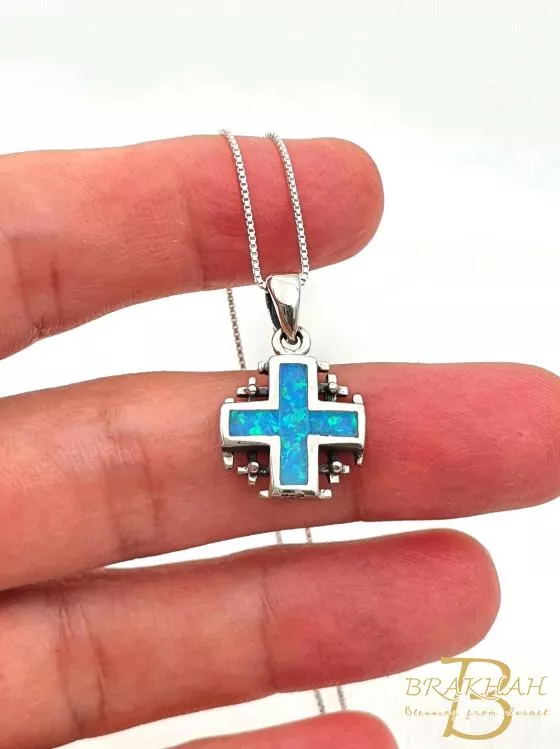 耶路撒冷十字架項鍊 十字架項鍊 十字架 十字軍十字架 十字架飾品 蛋白石耶路撒冷十字架 925 純銀吊墜項鍊 基督教珠寶禮物