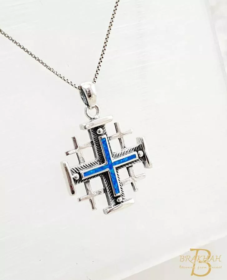 耶路撒冷十字架項鍊 十字架項鍊 十字架 十字架飾品 藍色蛋白石耶路撒冷十字吊墜項鍊 925 純銀 基督教蛋白石首飾