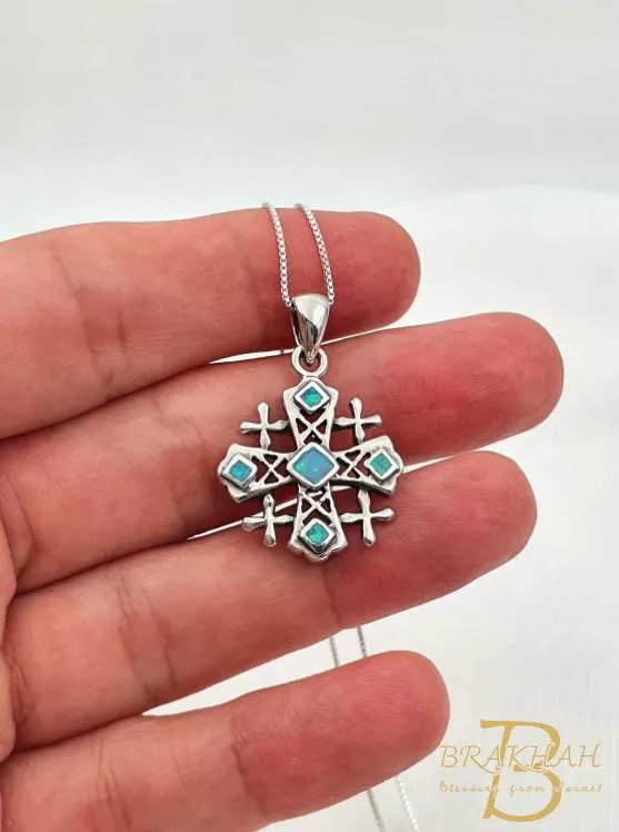 耶路撒冷十字架項鍊 十字架項鍊 十字架 十字軍十字架 十字架飾品 藍色蛋白石耶路撒冷十字架 925 純銀吊墜項鍊 基督教珠寶禮物