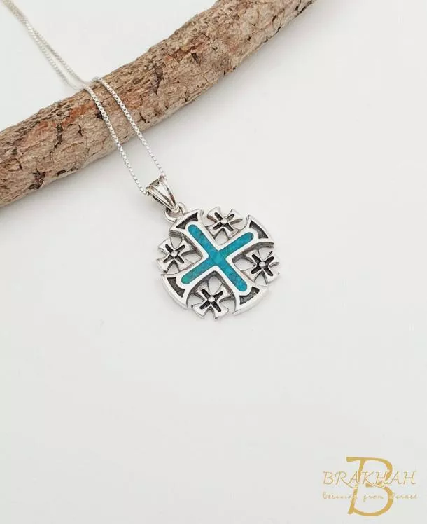 耶路撒冷十字架項鍊 十字架項鍊 十字架 十字軍十字架 十字架飾品 綠色埃拉特石(Eilat Stone)耶路撒冷十字架 925 純銀吊墜項鍊 基督教珠寶