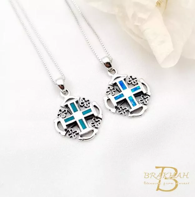 耶路撒冷十字架項鍊 十字架項鍊 十字架 十字軍十字架 十字架飾品 藍蛋白石綠色埃拉特石耶路撒冷十字架  925純銀十字架吊墜項鍊 基督教珠寶禮物