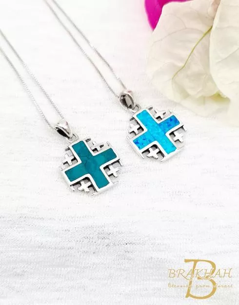 耶路撒冷十字架項鍊 十字架項鍊 十字架 十字軍十字架 十字架飾品 蛋白石耶路撒冷十字架吊墜項鍊 埃拉特石耶路撒冷十字架 925 純銀項鍊 基督教珠寶禮物