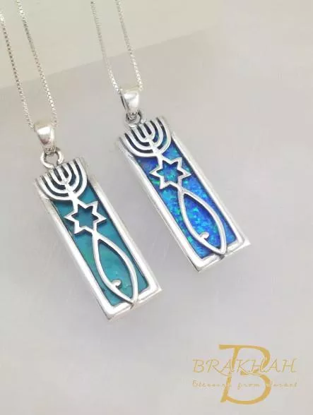 五餅二魚大衛之星七燈台項鍊 蛋白石埃拉特石彌賽亞吊墜項鍊 彌賽亞蛋白石珠寶 蛋白石大衛星燭台魚吊墜 猶太基督教珠寶禮品