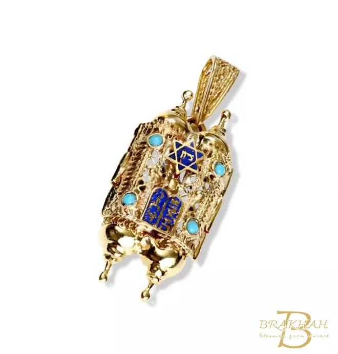 14k 金金色花絲妥拉捲軸吊墜，鑲嵌綠松石，琺瑯托拉捲軸吊墜，猶太飾品，希伯來猶太吊墜