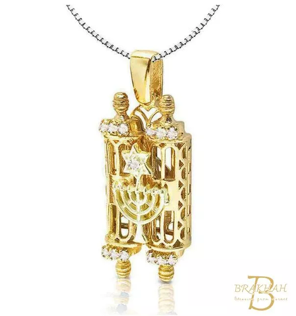 925 銀妥拉捲軸吊墜，鍍 14K 金，開口 Mezuzah 吊墜，猶太托拉與大衛之星吊墜