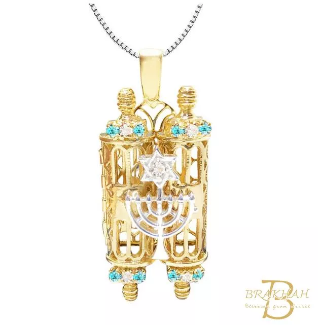 925 銀托拉捲軸吊墜，鑲嵌藍白水晶，雙色 14K 鍍金托拉項鍊，猶太托拉與大衛之星吊墜