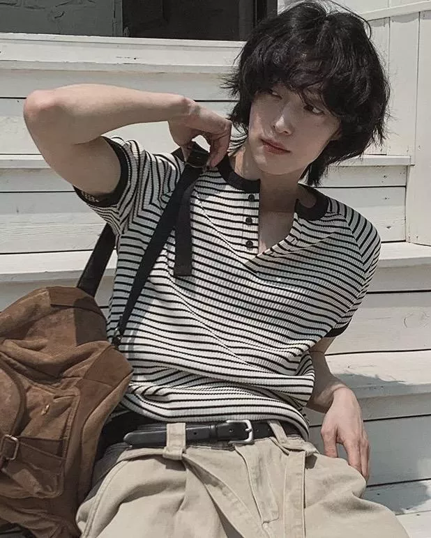 首爾輪廓 合身插肩袖♡條紋亨利領衫