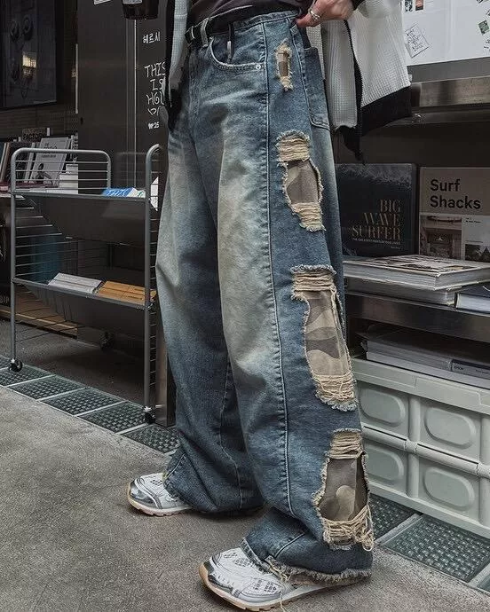 李彩演同款♡迷彩側破損直筒牛仔褲